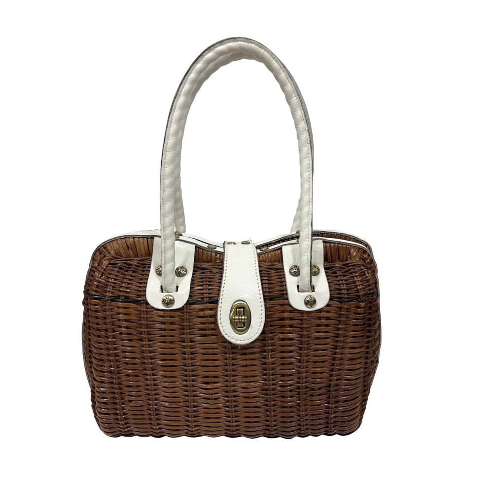 Patricia Nash Lucena Brown Wicker White Leather Trim Turn Lock Satchel Handbag